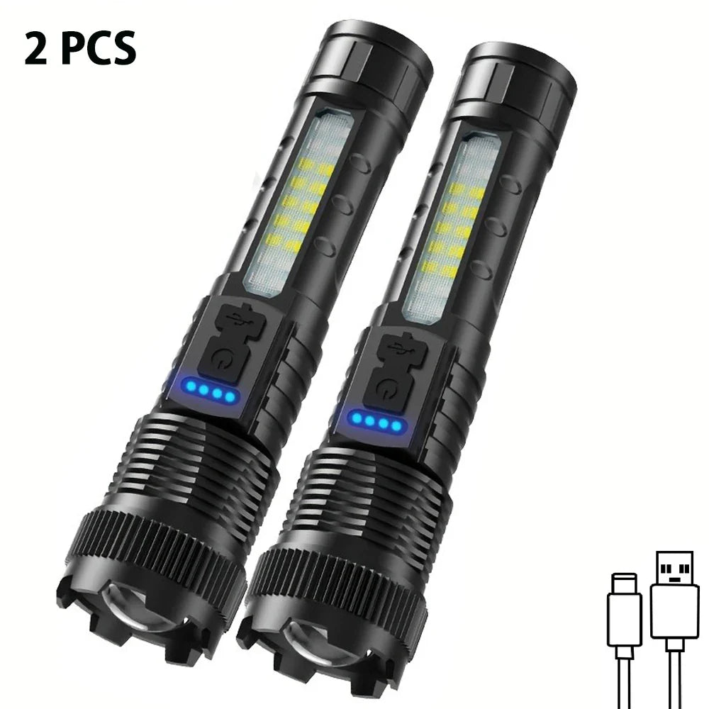 2pcs Rechargeable Zoomable Super Bright Flashlight for Emergency Power Outage, for Outdoor Camping, Hurricane