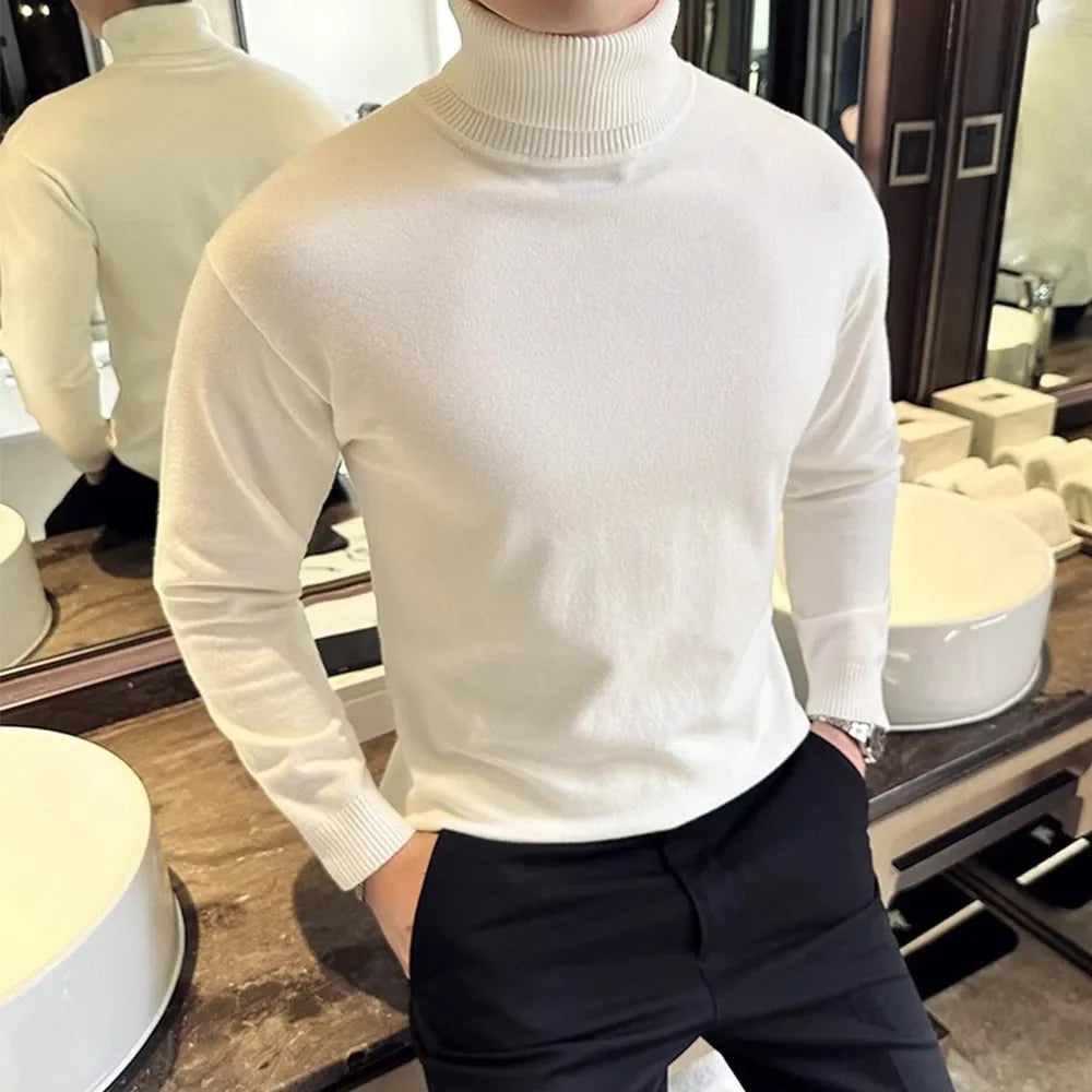 Korean Fashion Autumn Winter Sweaters Men Pullovers Fleece Turtleneck Knitted Sweatshirt Warm Bottoming Shirts