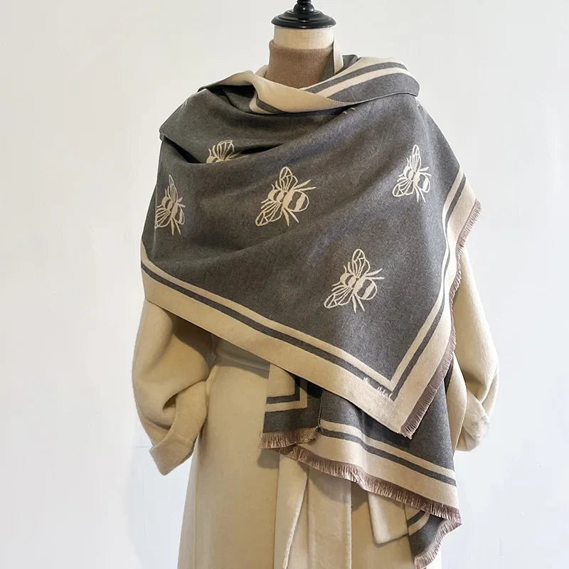 Luxury Brand Two-Sided Bees Scarf Imitation Cashmere Soft Warm Fringe Pashmina Shawl Winter Coldproof Windproof Blanket Scarf