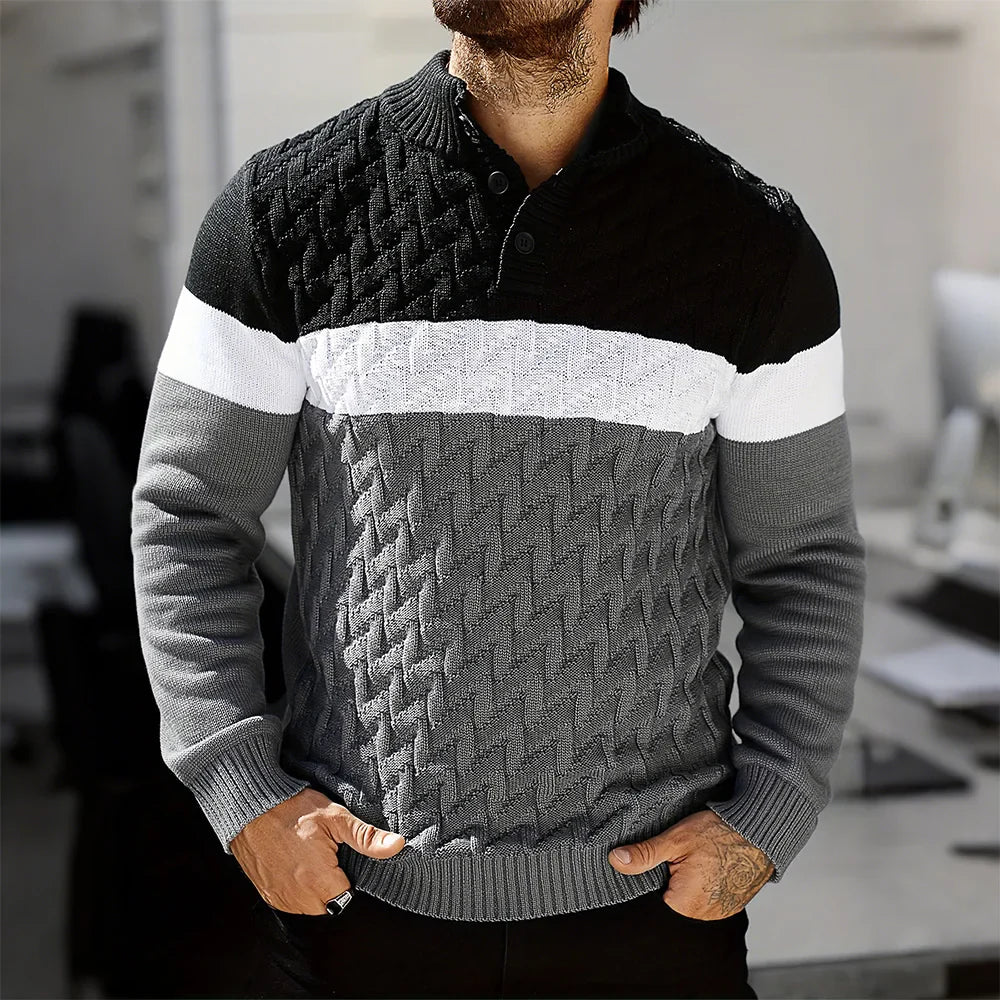 Men's Sweater Autumn Warm Contrasting Color Shawl Collar Pullover Long Sleeve Fit Casual Cable Knit Tops US Size