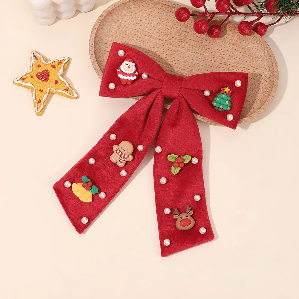 Kids Christmas Rhinestone Bow Hair Clip Cute Santa Claus Cartoon Reindeer Hairpins For Girls New Year Decor Accessories Gift