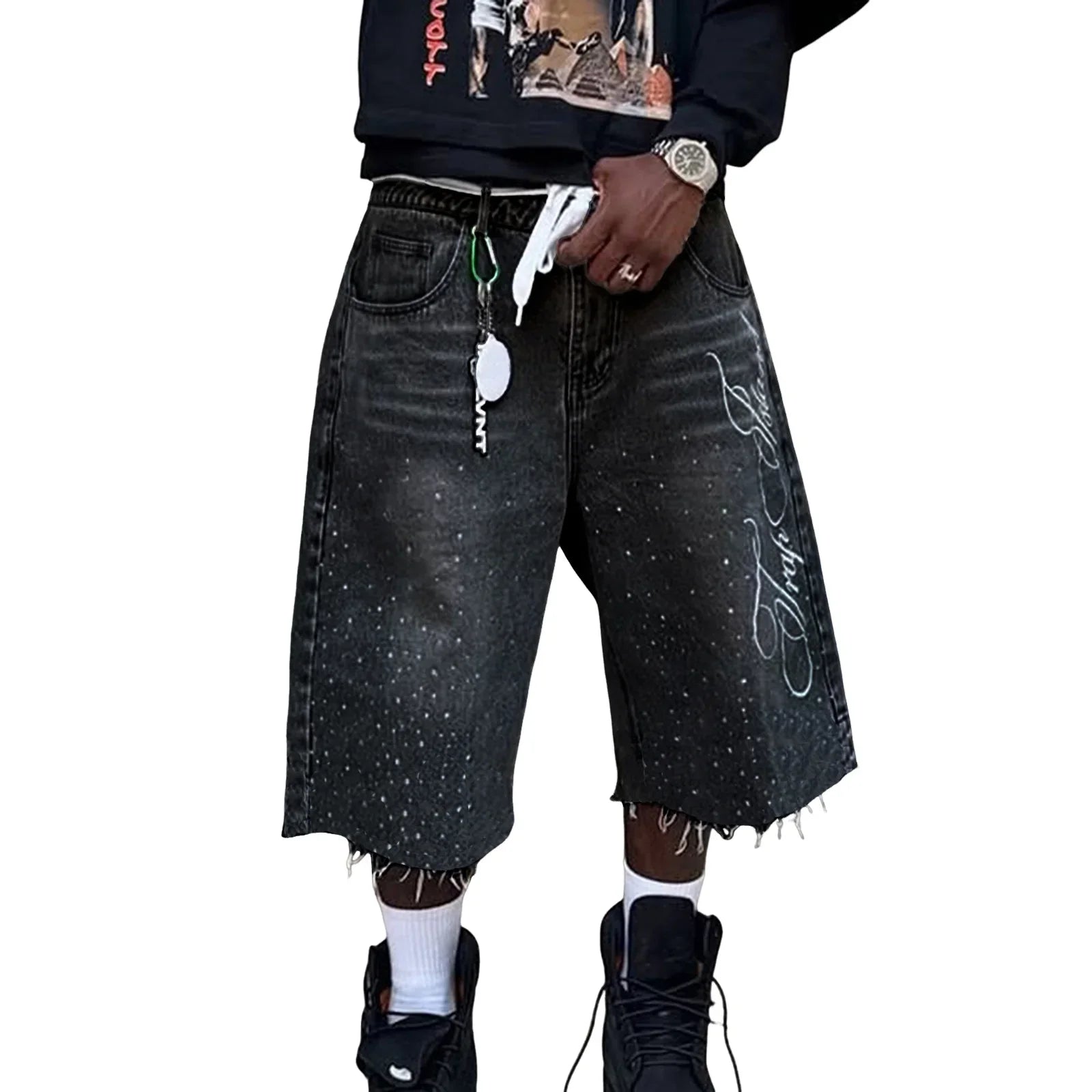 Men's Summer Casual Denim Shorts Knee Length Trendy Letter Embroidered Rhinestone Jeans Shorts Fashion Streetwear