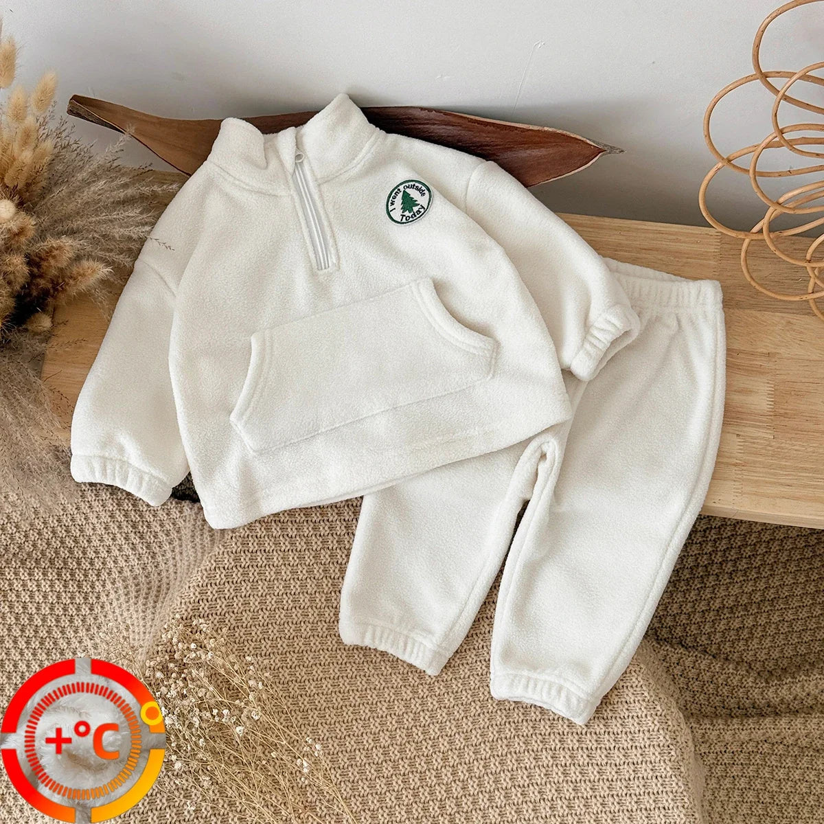 Autumn Winter Thermal Suit Baby Boys Girls Sets Polar Fleece High Neck Badge Pocket Pullover Solid Pants Kids Clothes