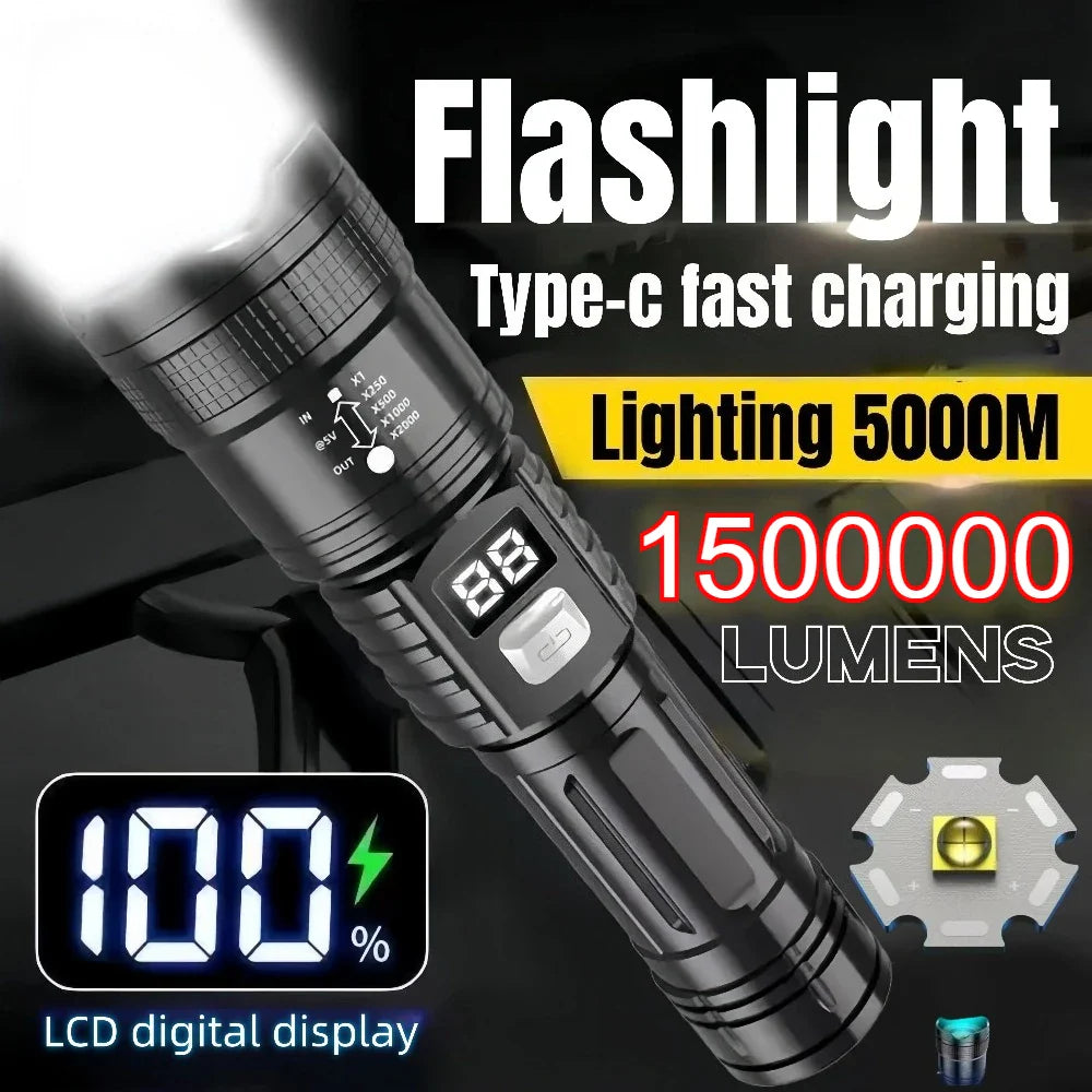 1500000LUM LED Flashlight High Power Type-C Rechargeable Torch Zoomable Light for Outdoor Camping Hiking Lamp Emergency Lantern
