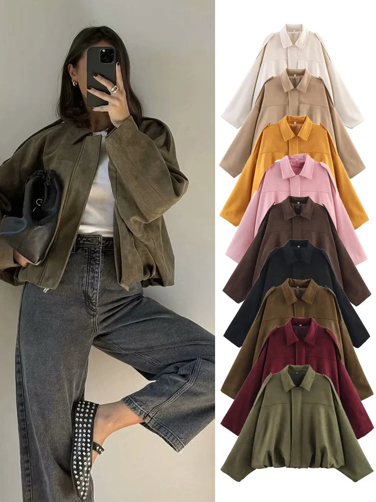 TFMLN Women Suede Bomber Jacket Spring New Fashion Long Sleeve Zipper Oversize Solid Bomber Coat Chic Lady 2025 Streetwear