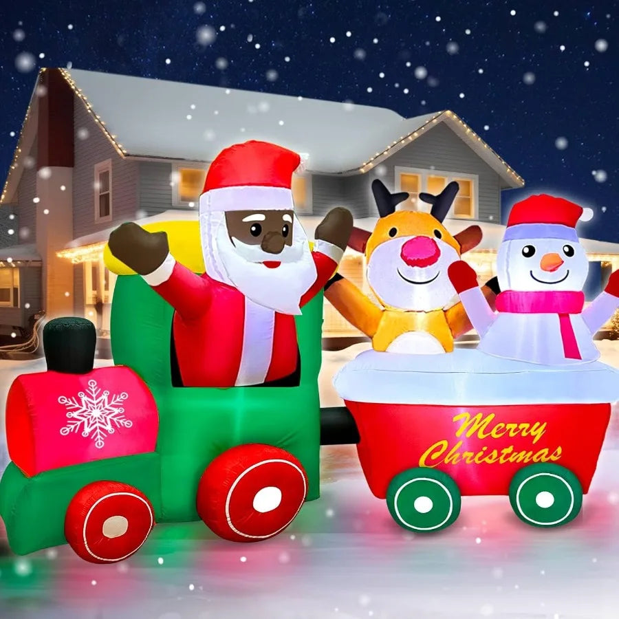 7 FT Long Christmas Inflatables Train Outdoor Decoration Christmas Blow Up Yard Decor with Black Santa Claus Driving Snowman El