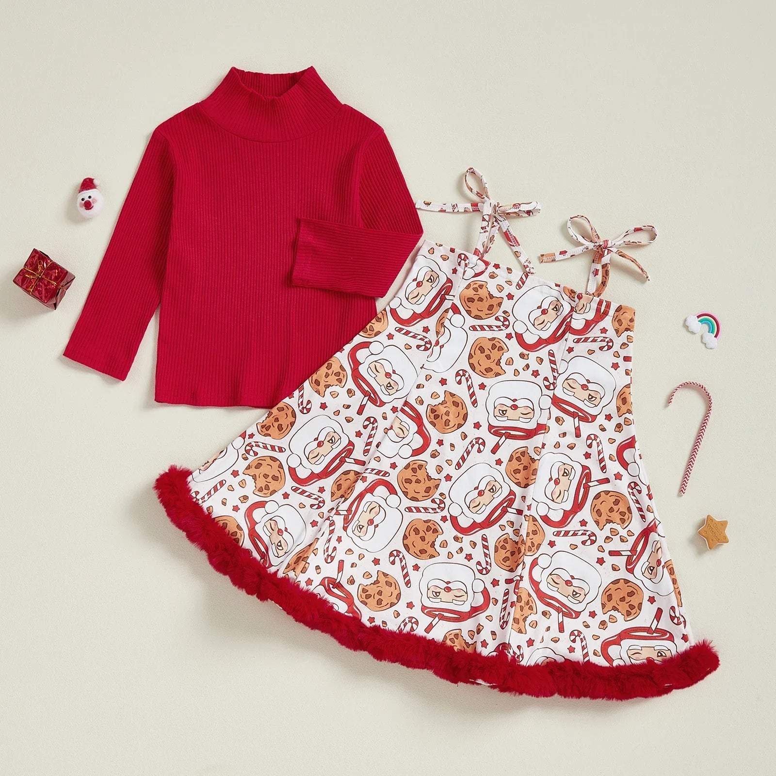 Women s Christmas Outfit Red Plaid Long Sleeve High Neck Ribbed Tops Snowman Print Suspender Skirt Set with Bow Detail