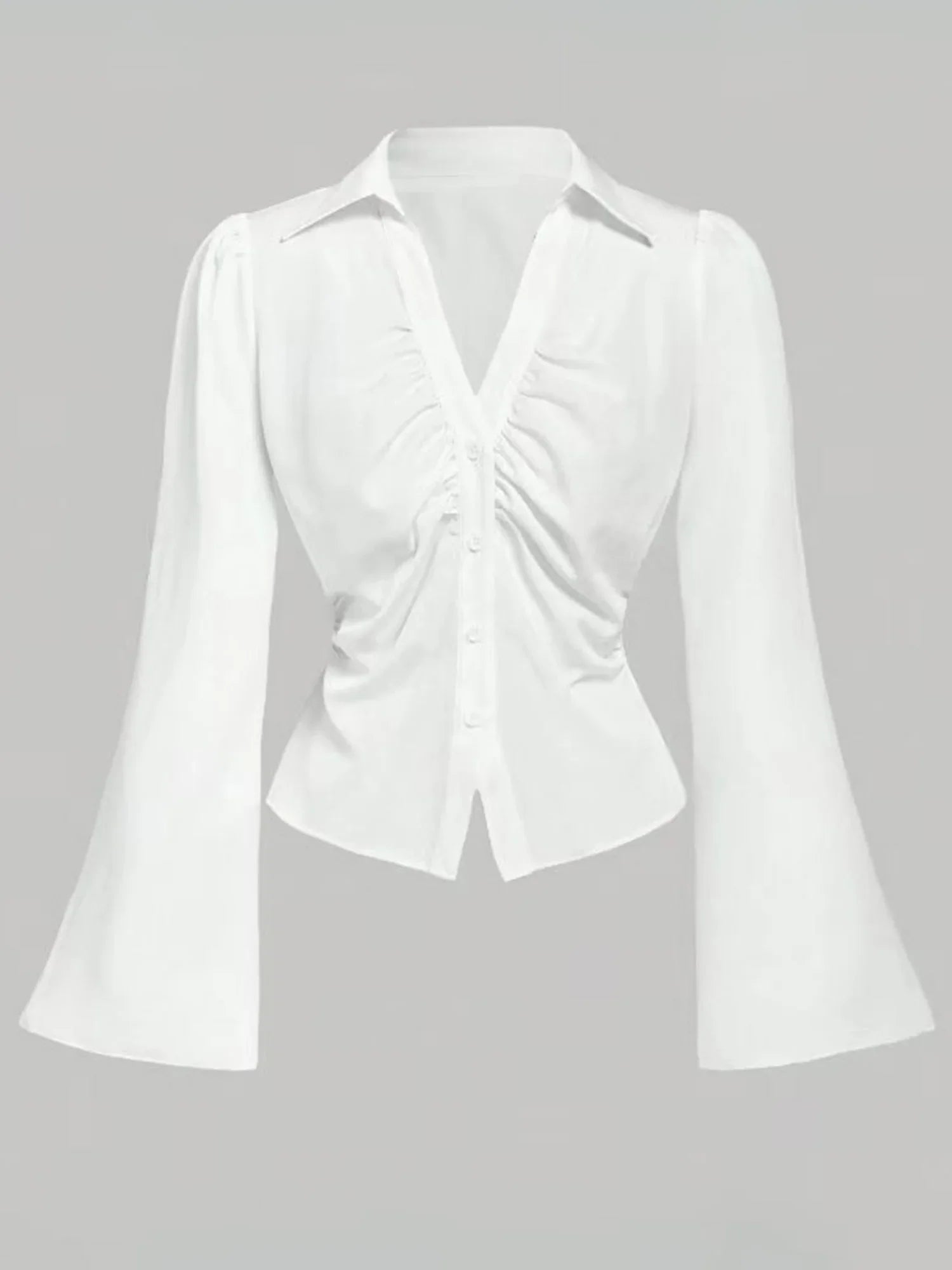 Women s Elegant Ruffle Sleeve Blouse Solid Color Lapel V-Neck Button Down Casual Shirt Spring Fall Fashion Tops