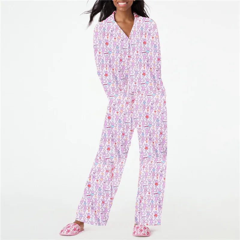 Roller Rabbit Monkey Pajamas Preppy Pjs Cute Pj Pants Sets For Women Y2k Long Sleeve Pajamas Set 2 Piece Loungewear