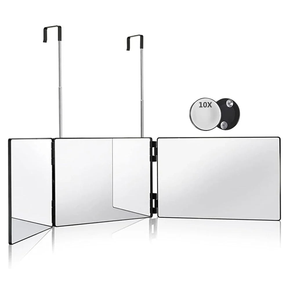 S Travel Portable 360 Trifold Vanity Makeup Mirror with Height Adjustable Telescoping Hook for Hair Self Cutting Fordable Mirror