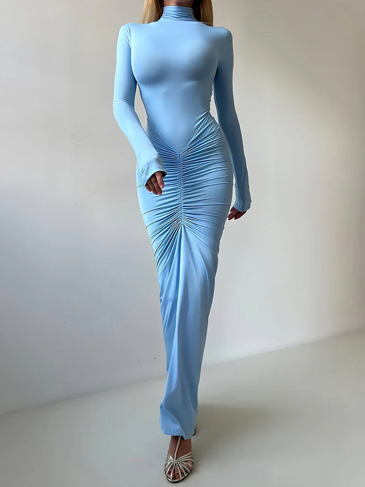 Sisterlinda Autumn New Style Long Dress Woman Turtleneck Full Sleeve Skinny High Stretch Daily Casual Fashion Elegant Vestidos