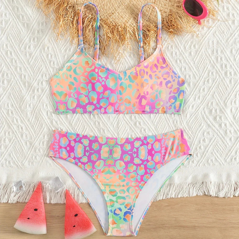 Bright Leopard Print Bikini Swimsuit for Teen Girls Summer Beachwear Two Piece Swimwear