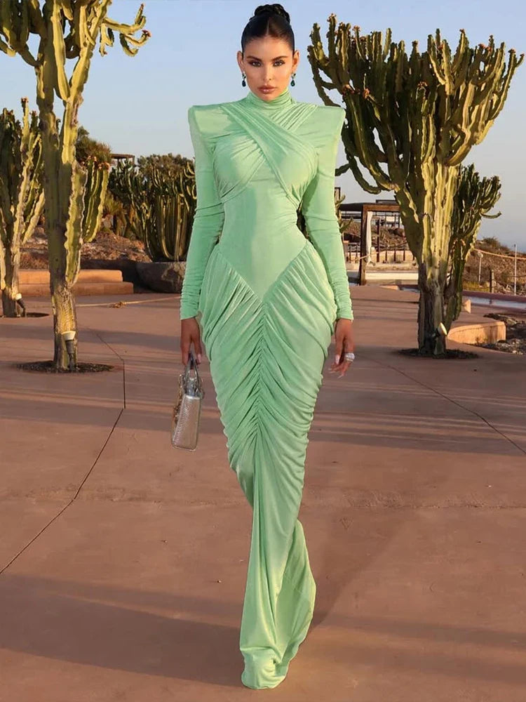 Weird Puss Autumn New Style Maxi Dress Women Turtleneck Full Sleeve Backless Skinny Stretch  Prom Party Ruched Elegant Vestidos