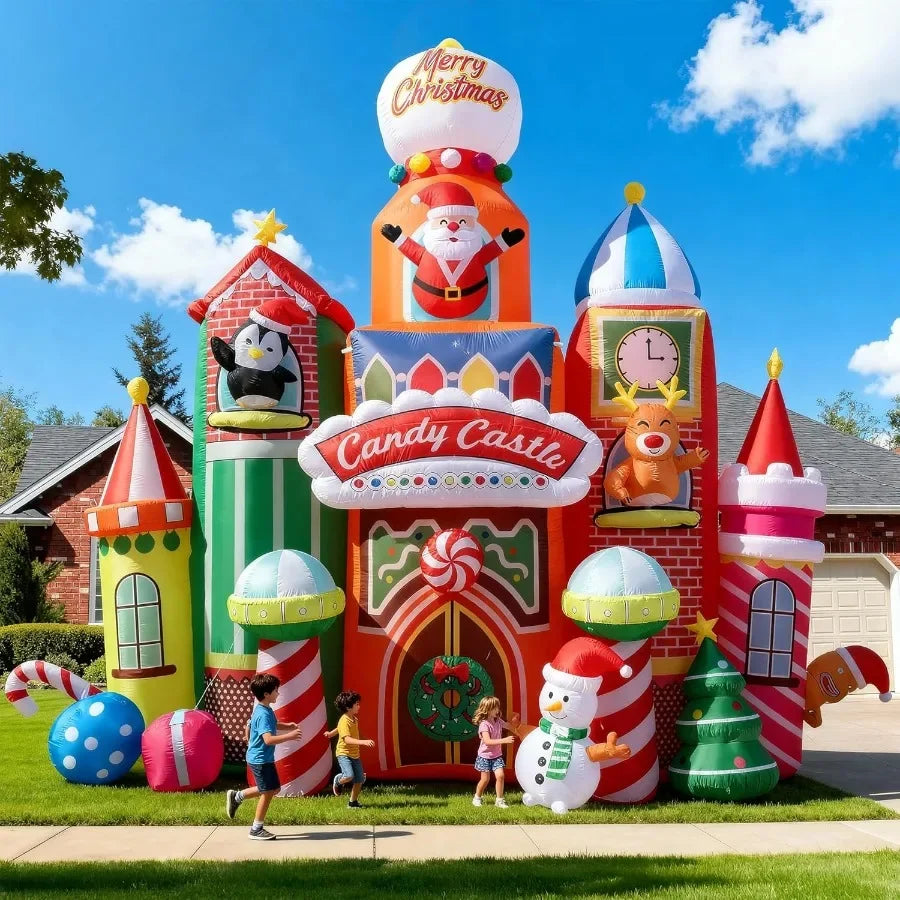 13.5 FT Tall Candy Castle Christmas Inflatables Outdoor Decorations Blow Up Christmas Decorations with Built-in Rotating Light