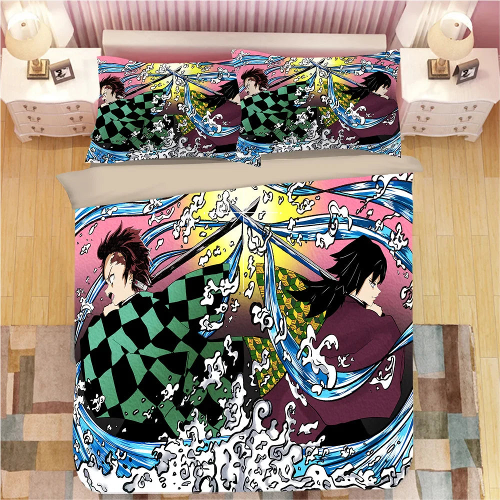Demon Slayer Bedding Sets Cartoon Comforter Bed Linen Boys Kids Single Double Size Soft Bedclothes Home Decor Anime Duvet Covers