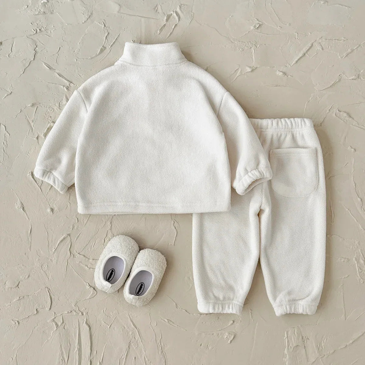 Autumn Winter Thermal Suit Baby Boys Girls Sets Polar Fleece High Neck Badge Pocket Pullover Solid Pants Kids Clothes