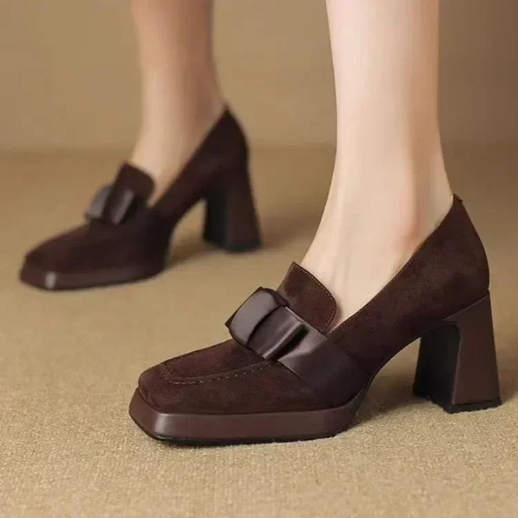 Women High 2025 New Heels Fashion Bow Dress Loafers Female Platform Heels Leather Shoes Mary Jane Retro Women Shoes Solid Color