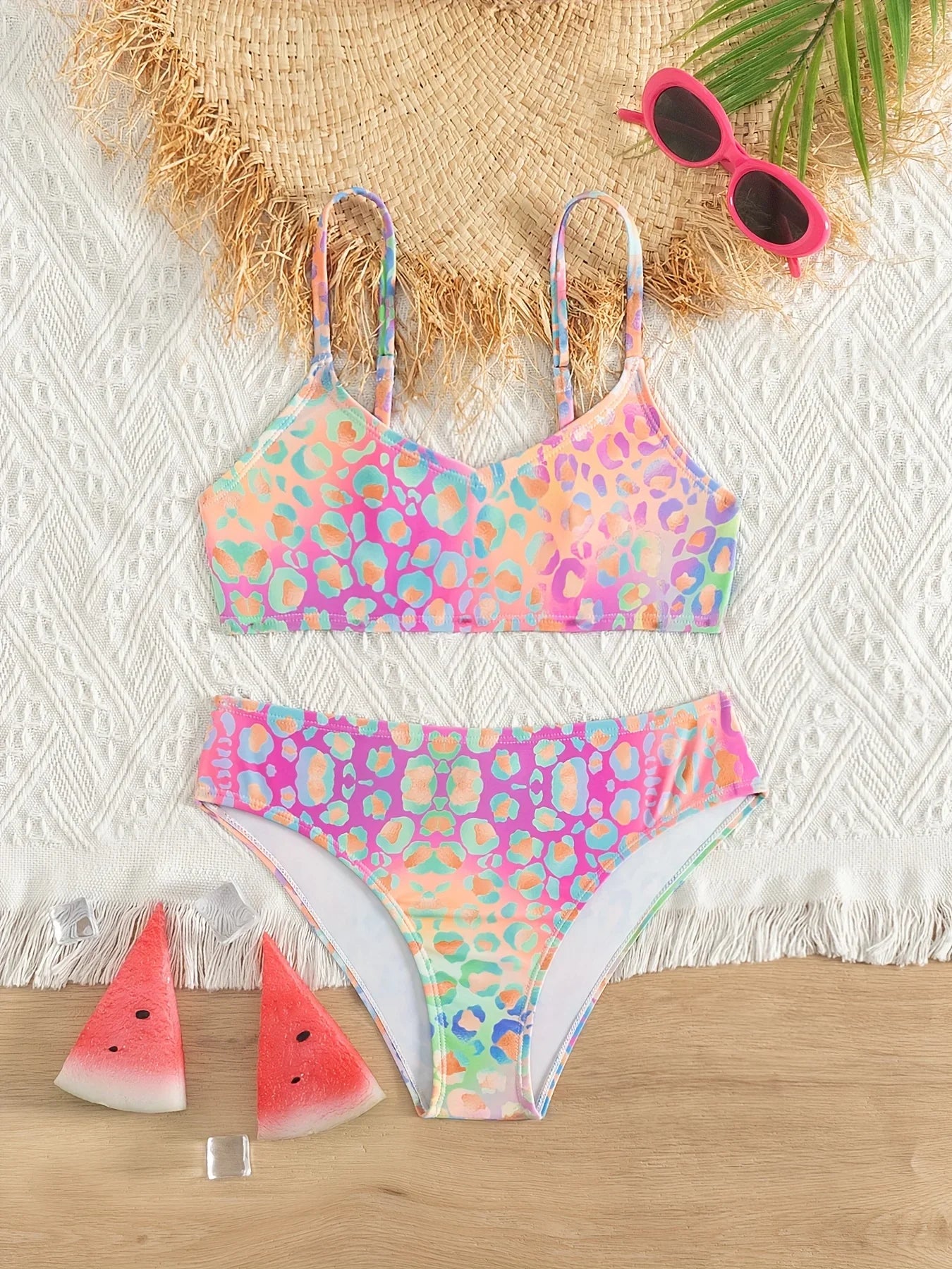 Bright Leopard Print Bikini Swimsuit for Teen Girls Summer Beachwear Two Piece Swimwear