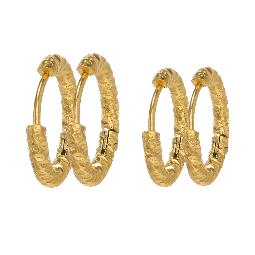 6pcs Stainless Steel Round Embossing Ear Rings PVD Gold Plated Korean Earrings Hoops Earring for Women Female Girls Metal Luxury