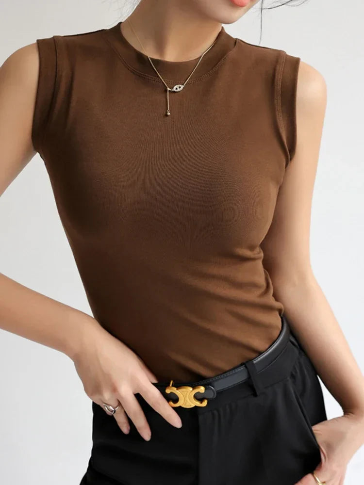 Women Autumn Korea Knit Tight Tank Tops Solid Office Wear Brown Sweater Top Vest Ribbed Ladies  Basic comfortable Camisole 2025