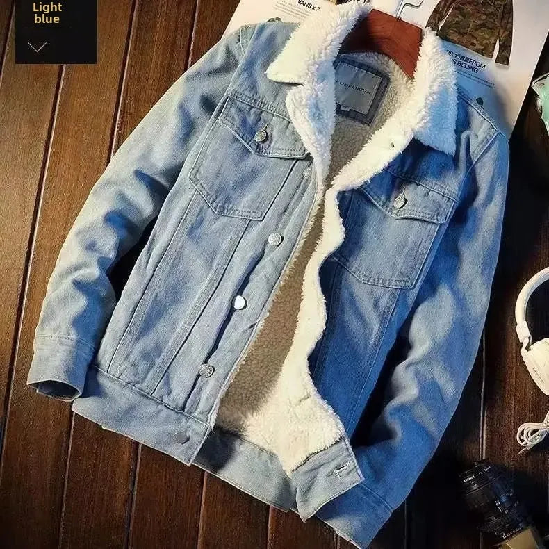 Men's Vintage Denim Jacket American Style Loose-Fit Cotton Coat With Fleece Lining And Thickened Cotton Pad For Autumn/Winter