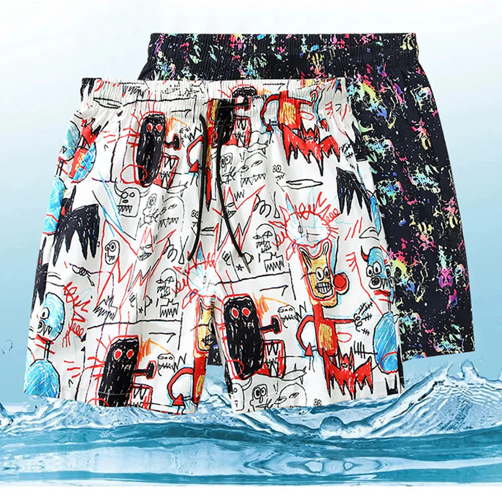 Summer Striped Beach Pants New Graffiti 3d Beach Shorts Outdoor Quick Dry Men's Ice Silk Beach Pants Summer Thin Casual Shorts