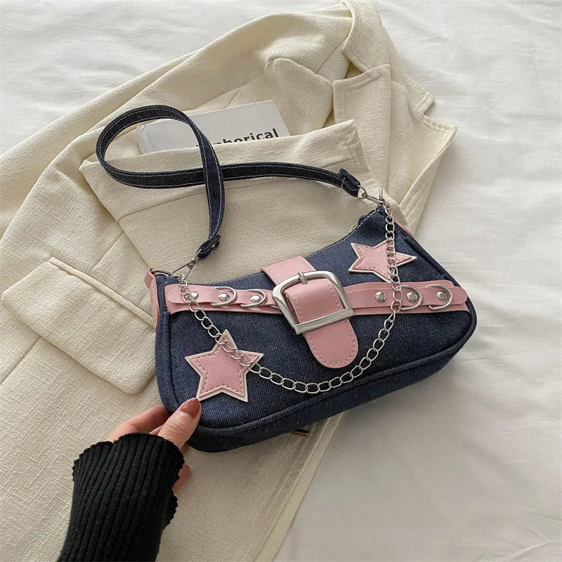 Y2k Hot Girls Denim Shoulder Bags Retro Rivet Star Women's Underarm Bag Portable Female Chain Armpit Bag Small Purse Handbags