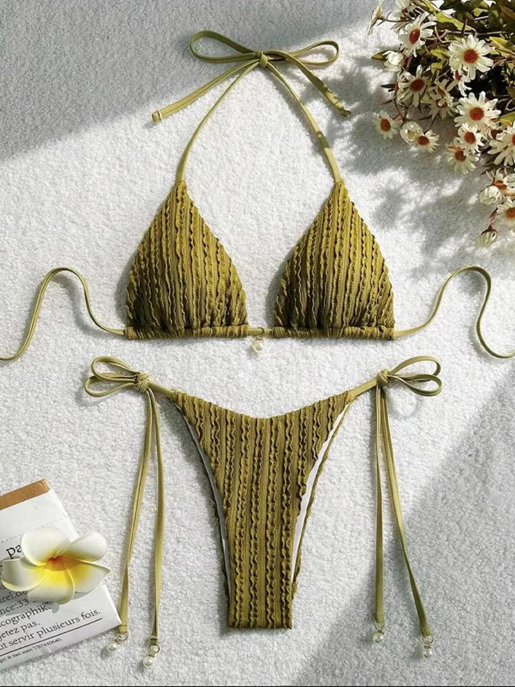 Vzvn 2025 New Summer Swimwear Bikinis Set Sexy Backless Bikini 2 Pieces Set Women Laced Up Solid Split Swimsuit Beach Bikini