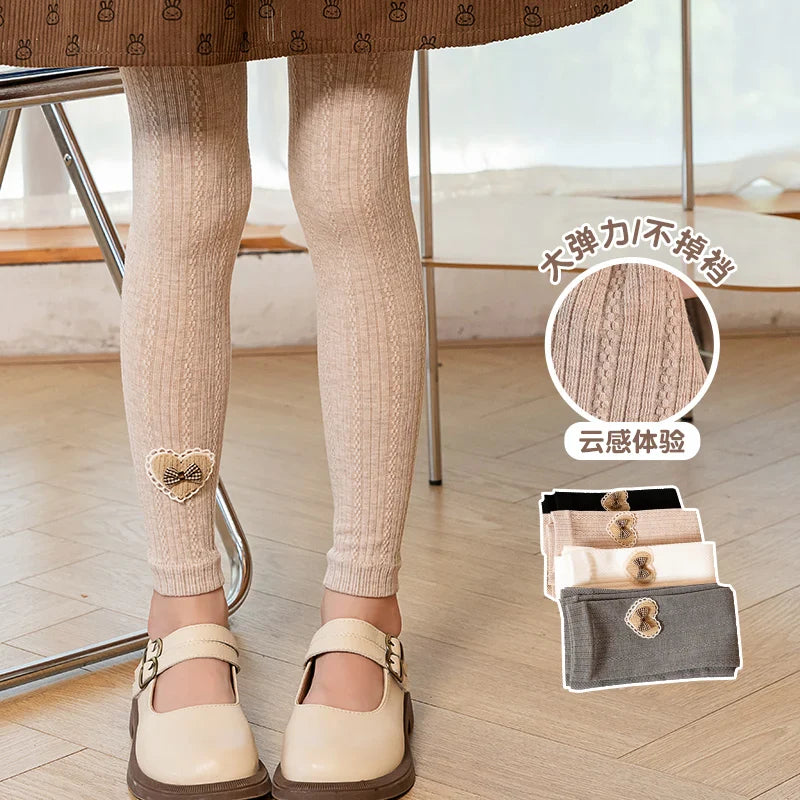 Princess Girl Wavy Cable Knit Cropped Pants With Side Love Bow Heart Lace Trim Tight Soft Comfortable Student Baby Kids Leggings