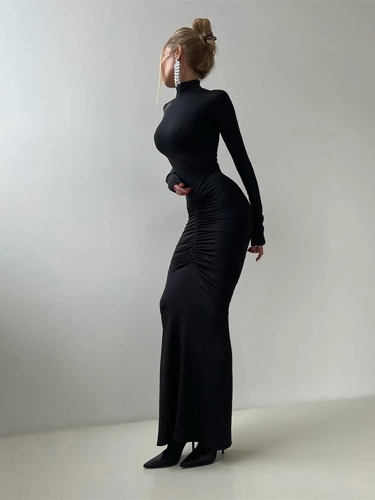 Sisterlinda Autumn New Style Long Dress Woman Turtleneck Full Sleeve Skinny High Stretch Daily Casual Fashion Elegant Vestidos