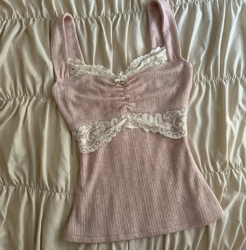 90s Vintage Cutest Lace Trim Camis Women Aesthetic Grunge Slim Fit Milkmaid Vest 00s Retro Y2k Cottage Crop Top Coquette Clothes