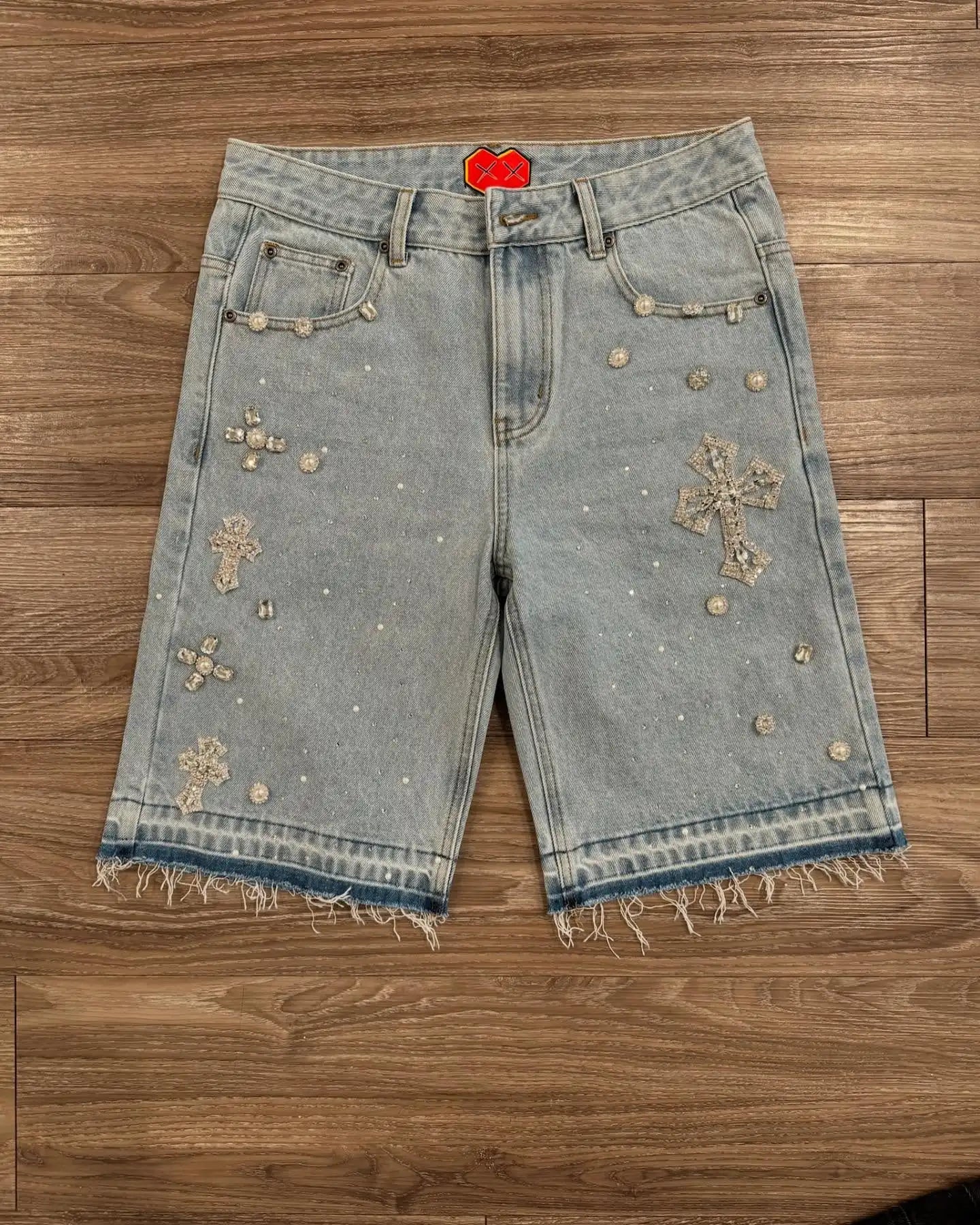 Y2K Gothic Diamond Cross Embroidery Denim Shorts American Retro Blue Gym Shorts Rhinestone Streetwear Hip Hop Men Women Jorts