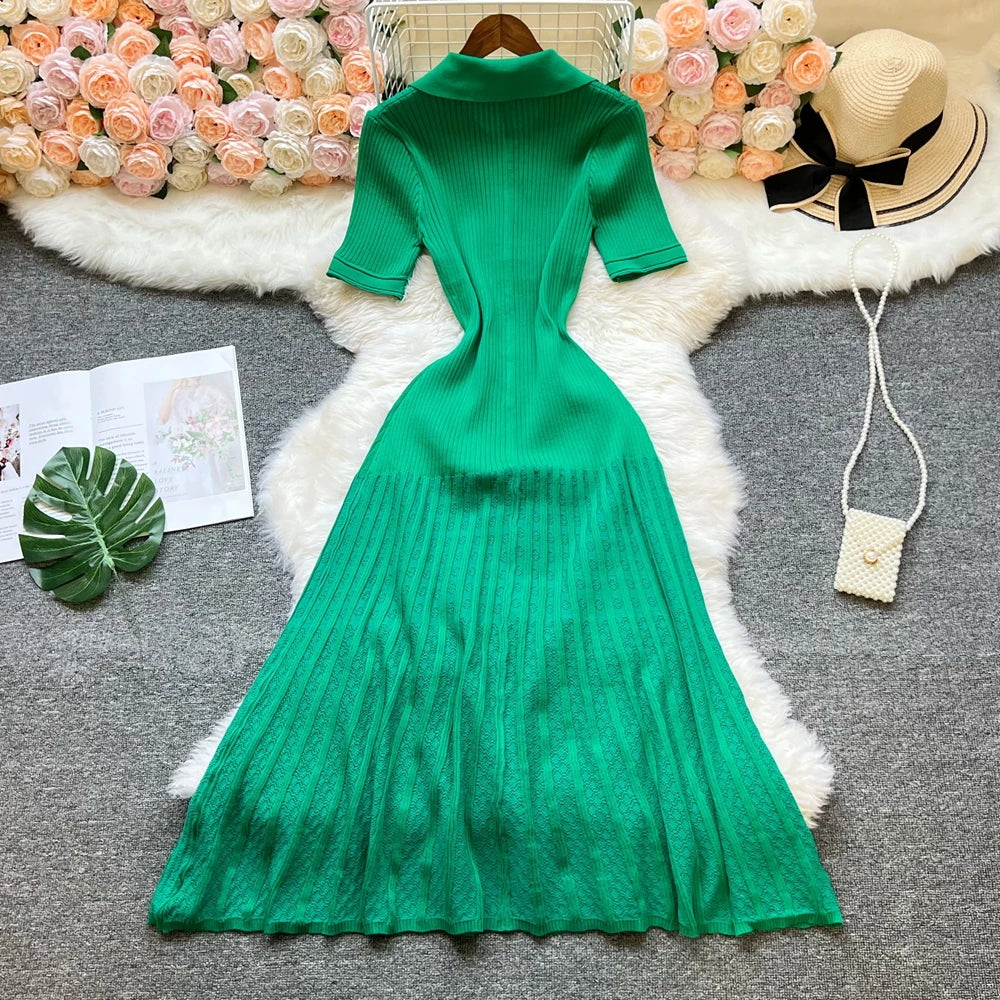 YuooMuoo Brand Fashion Vintage Turn-down Collar Knit Maxi Dress Elegant Single-breasted A-line Long Shirt Dress Lady Vestidos