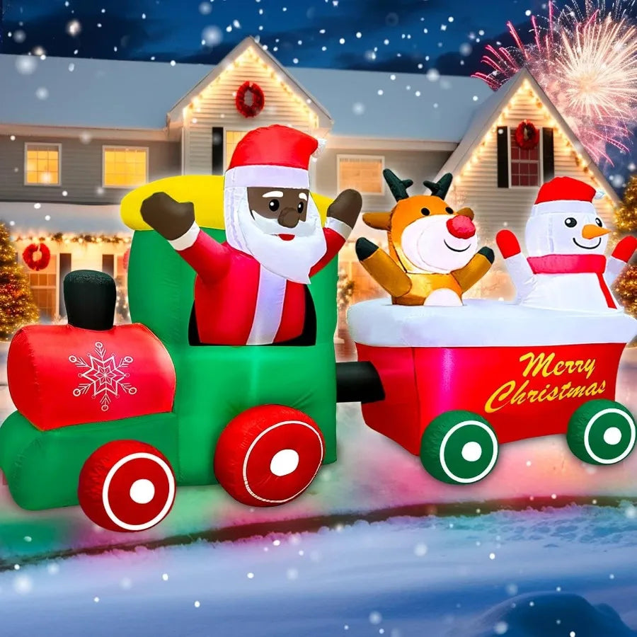 7 FT Long Christmas Inflatables Train Outdoor Decoration Christmas Blow Up Yard Decor with Black Santa Claus Driving Snowman El