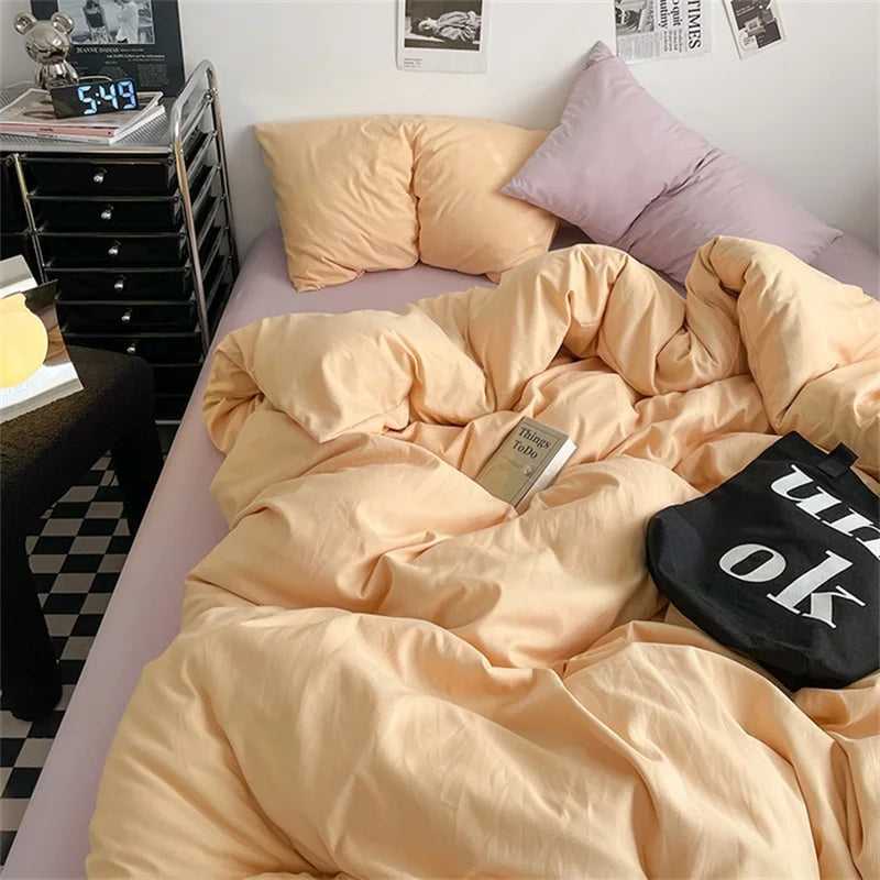 100% Cotton Bed Linen Bedding Set Washed Cotton Four Pieces Bed Sheet Set Comforter Sets Dolid Double Couple Bed Quilt Cover